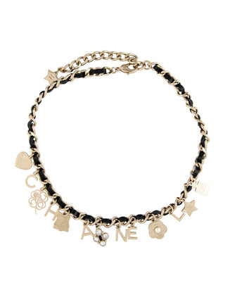 Chanel Gold-tone Faux Pearl, Strass Leather Interlocking Logo Collar Necklace