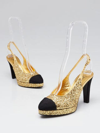 Chanel Gold Glitter Cap Toe Interlocking CC Sling Back Pumps 36 sz