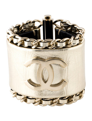 Chanel Gold-tone Leather Interlocking CC Wide Bracelet