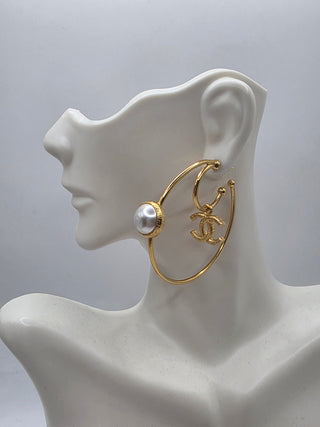 Chanel Gold-tone Interlocking CC 2020 Faux Pearl Hoop Earrings