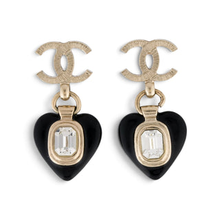 Chanel Strass Enamel Interlocking CC Heart Drop Earrings