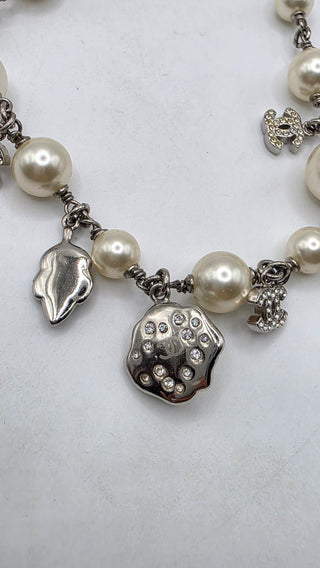 Chanel Faux Pearl Strass Interlocking CC Silver-tone Charm Necklace