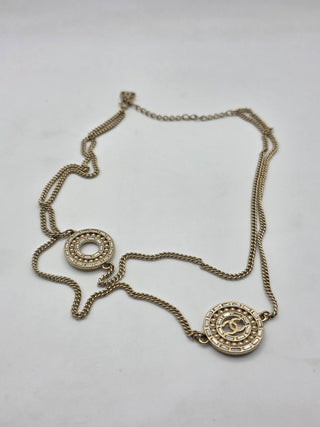 Chanel Gold-tone Faux Pearl Strass Interlocking CC Pendant Necklace