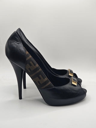 Fendi Black Leather Zucca FF Logo Peep-toe Pumps 40 sz