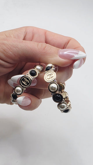 Chanel Faux Pearl Strass Interlocking CC Hoop Earrings