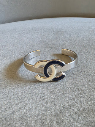 Chanel Silver-tone Interlocking CC Enamel Cuff Bracelet