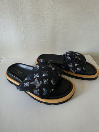 Louis Vuitton Black Blue LV Monogram Slides 40 sz