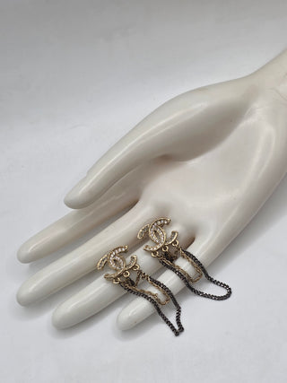 Chanel Gold-tone Strass Interlocking CC Chain Drop Earrings