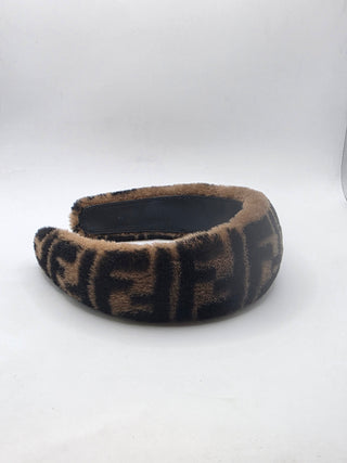 Fendi Brown FF Pattern Print Shearling Headband