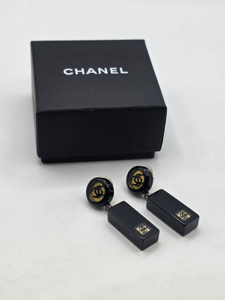 Chanel Black Resin Interlocking CC Drop Earrings