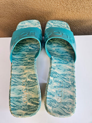 Gucci Blue Multicolor Rubber Logo Printed Platform Slides 38 sz