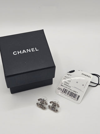 Chanel Interlocking Silver-tone Strass CC Stud Earrings