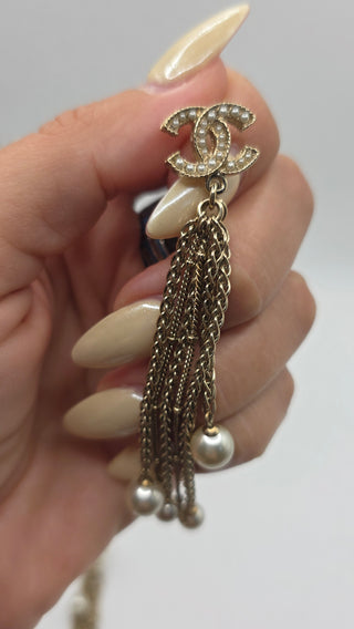 Chanel Gold-tone Faux Pearl Interlocking Drop Earrings