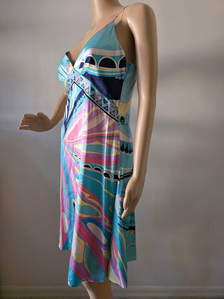 Emilio Pucci Blue Multicolor Signature Print Summer Dress 10 sz