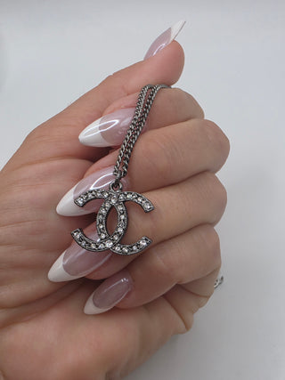 Chanel Silver-tone Strass Interlocking CC Pendant Necklace