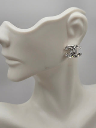 Chanel Interlocking Silver-tone Strass CC Stud Earrings