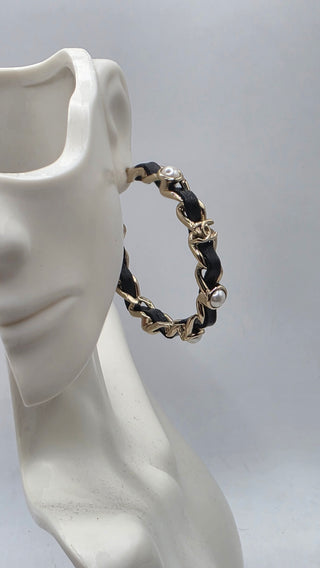 Chanel 2019 Faux Pearl Leather Interlocking CC Hoop Earrings