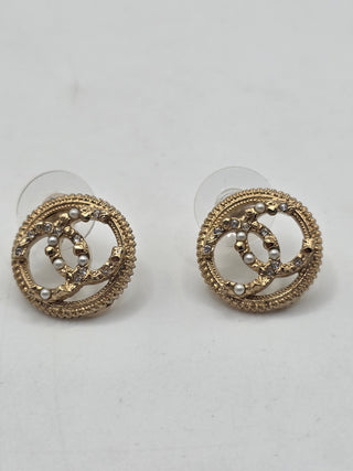 Chanel Gold-tone Faux Pearl Strass CC Stud Earrings