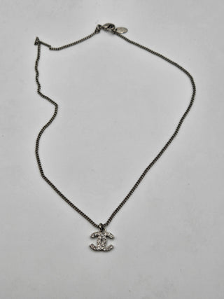 Chanel Silver-tone Strass Interlocking CC Pendant Necklace