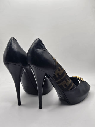 Fendi Black Leather Zucca FF Logo Peep-toe Pumps 40 sz