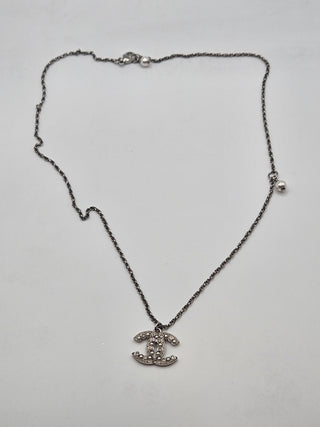 Chanel Silver-tone Faux Pearl Strass CC Pendant Necklace