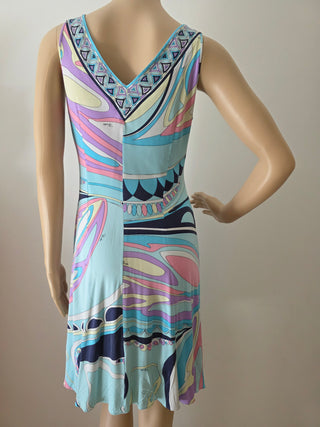 Emilio Pucci Blue Multicolor v-neck summer dress 8 US sz