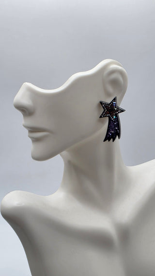 Chanel Black Silver-tone Strass Interlocking CC Shooting Star Earrings