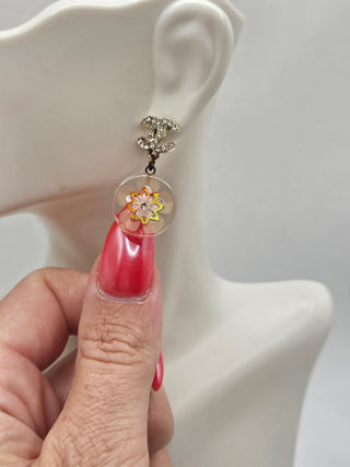 Chanel Gold-tone Strass Resin Interlocking CC Floral Drop Earrings