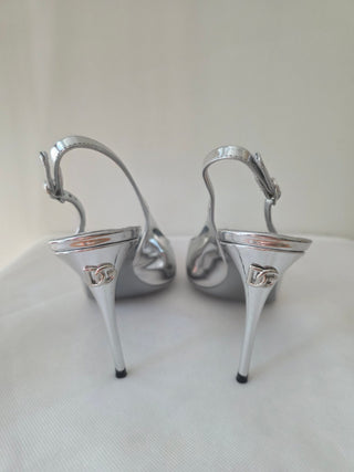 Dolce & Gabbana Metallic Silver Patent Leather DG Logo Slingback Pumps 38 sz