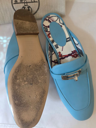 Hermes Ciel Blue Calfskin Leather Palladium Plated Oz Mules 38.5 sz