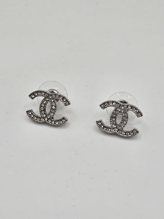 Chanel Silver-tone Strass Interlocking CC Stud Earrings