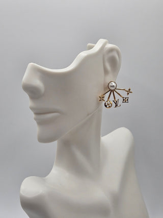 Louis Vuitton Gold-tone Faux Pearl LV Logo Cruiser Earrings