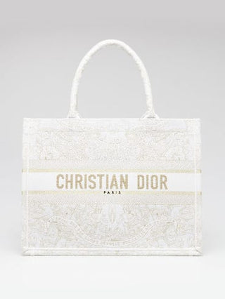 Christian Dior White/Gold Around the World Embroidered Canvas Medium Tote Bag