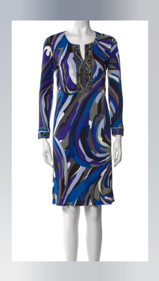Emilio Pucci Blue Multicolor Printed Sequin Embroidered Knee-Length Dress US 8
