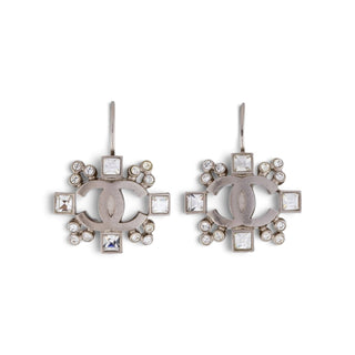 Chanel Silver-tone Interlocking CC Strass Drop Earrings