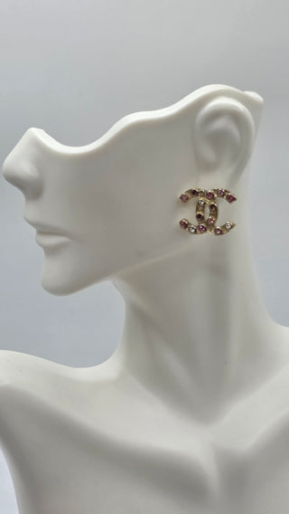 Chanel Gold-tone Pink Strass Interlocking CC Stud Earrings