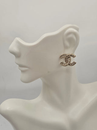 Chanel Gold-tone Strass Interlocking Stud Earrings