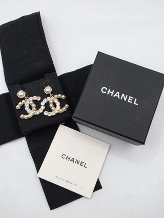 Chanel Gold-tone Faux Pearl Strass Interlocking CC Drop Earrings