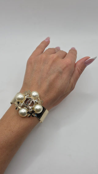 Chanel 2022 Faux Pearl Strass Interlocking CC Clover Cuff Bracelet
