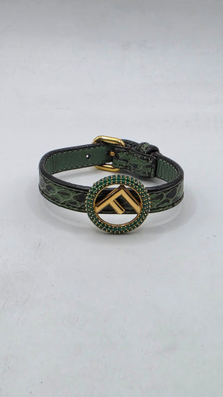Fendi Gold-tone Crystal Green Snake Skin FF Leather Wrap Bracelet