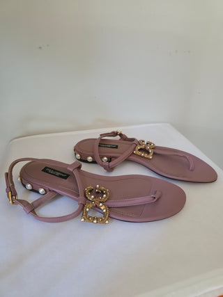 Dolce & Gabbana beige leather pearl logo embellished thong sandals 37 sz