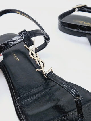 Sexy SAINT LAURENT Black leather Cassandra T-Strap Sandals 38 EU