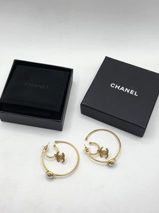 Chanel Gold-tone 2020 Faux Pearl Interlocking Hoop Earrings