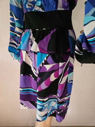 Emilio Pucci Blue purple multicolor signature print long-sleeved dress 6 sz