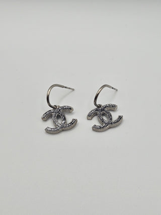 Chanel Silver-tone Glitter Enamel CC Drop Earrings