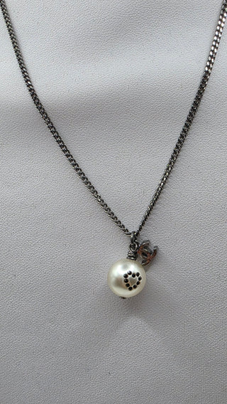 Chanel Silver-tone Faux Pearl Strass Interlocking CC Pendant Necklace