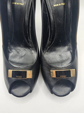 Fendi Black Leather Zucca FF Logo Peep-toe Pumps 40 sz