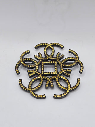 Chanel Black-tone Yellow Strass Interlocking CC Logo Brooch