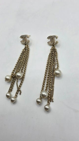 Chanel Gold-tone Faux Pearl Interlocking Drop Earrings