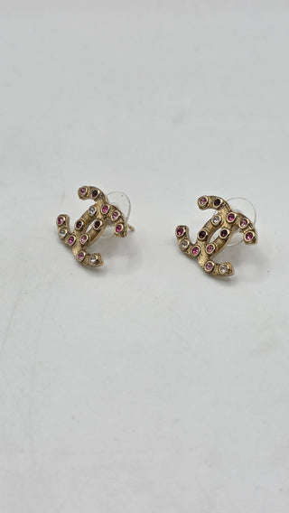 Chanel Gold-tone Pink Strass Interlocking CC Stud Earrings